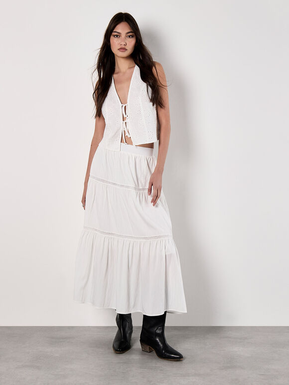 Crochet Lace Tiered Midi Skirt, White, large