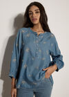 Floral Embroidered Denim Blouse, Blue, large