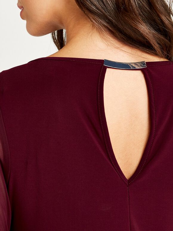 Sheer Sleeve Beaded Cuff Shift Dress, Burgundy, large