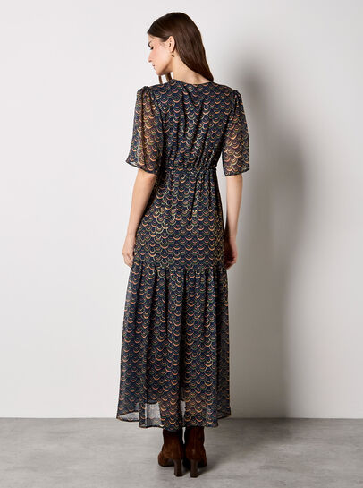 Gold foil Scallop Chiffon Maxi Dress