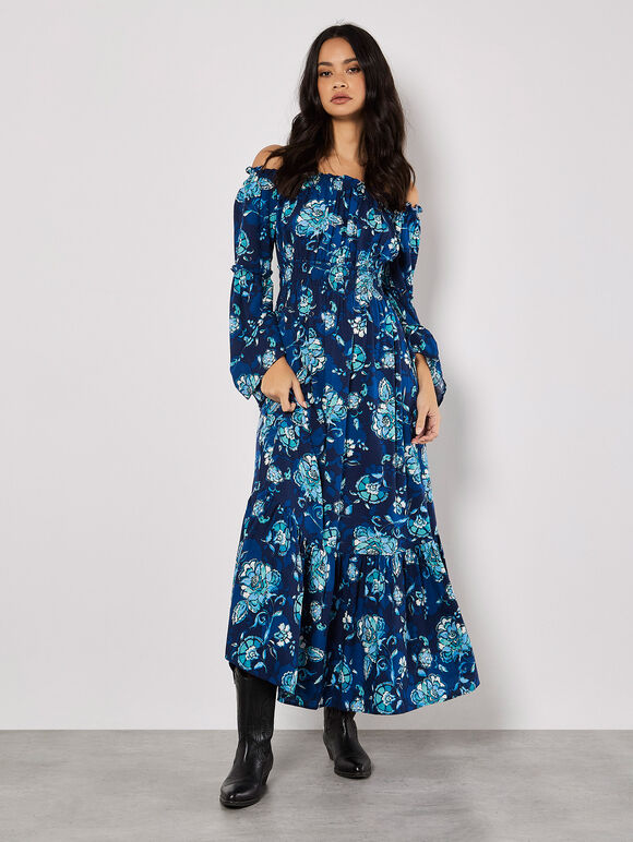 Floral Bardot Maxi Dress, Navy, large