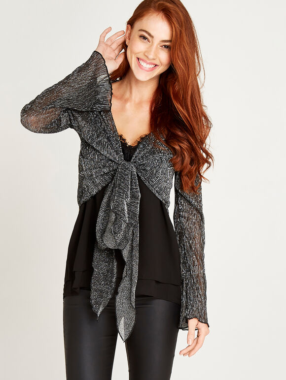 Plisse Long Sleeve Shrug, Black, large