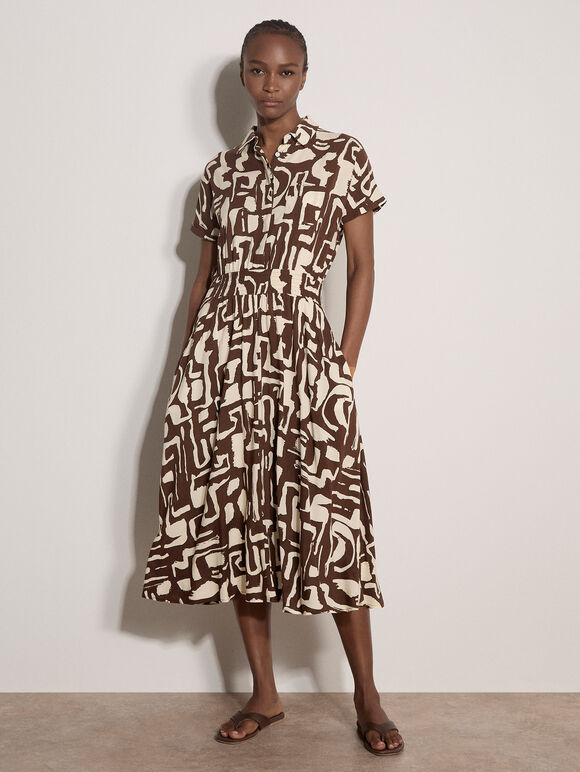 Geo Grecian Shirt Midi Dress, Brown, large