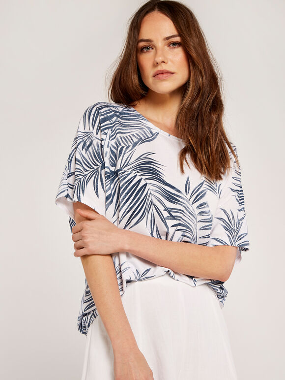 Leaf Print Oversized Tee, Cream, large