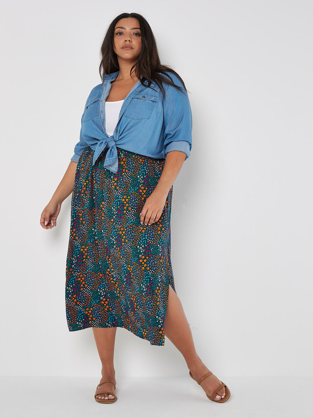 Image of Curve Ditsy Floral Split Hem Midi Skirt