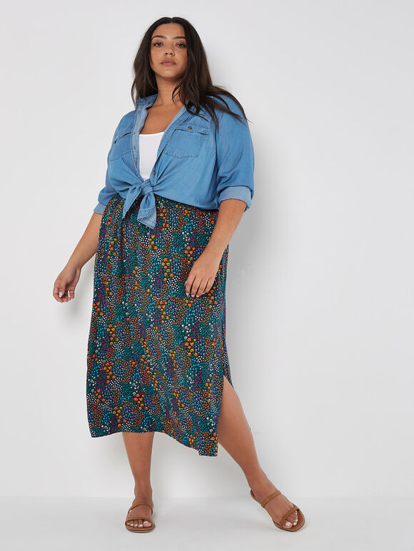 Curve Ditsy Floral Split Hem Midi Skirt, Navy, large