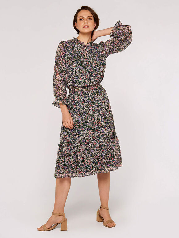 Watercolour Floral Midi Dress, Green, large