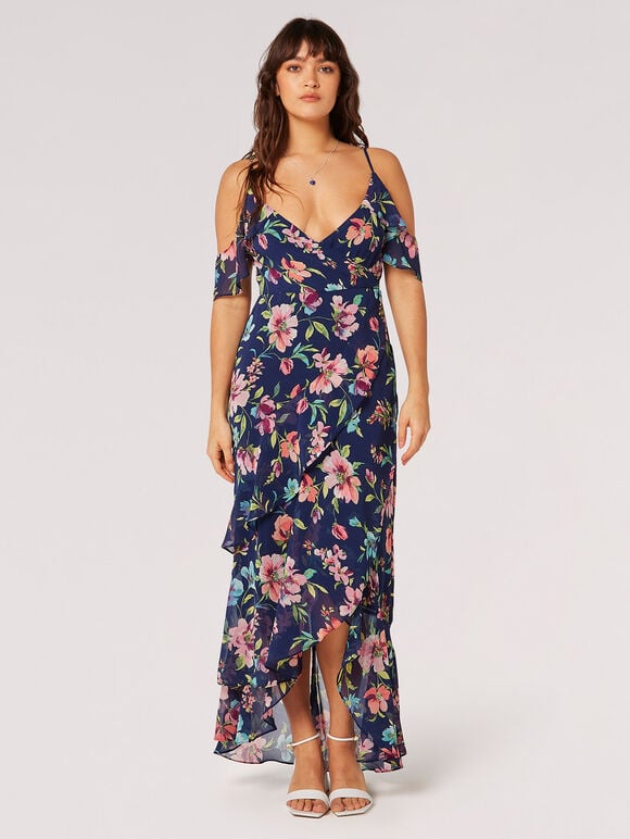 Watercolour Floral Chiffon Maxi Dress, Navy, large