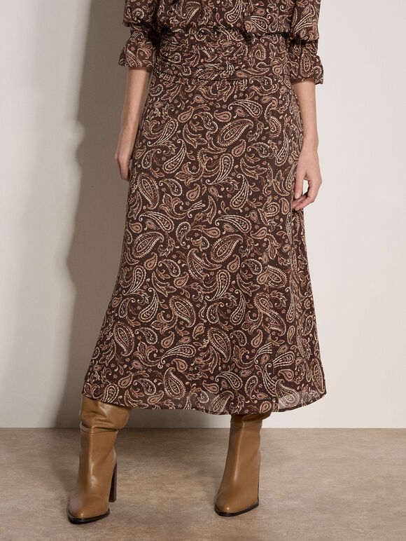 Chiffon Paisley A-Line Midaxi Skirt, Brown, large