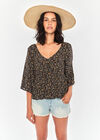 Ditsy Tie Back Angel Sleeve Top, Black, large