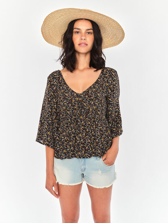 Ditsy Tie Back Angel Sleeve Top, Black, large