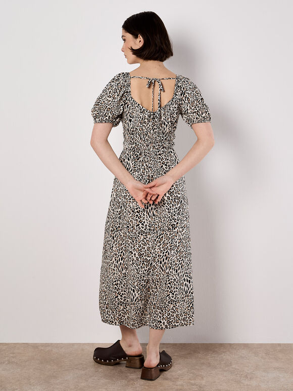 Animal Print Milkmaid Midi Dress, Cream, large