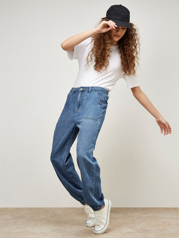 Lia Mid-Wash Denim Joggers, Blue, large