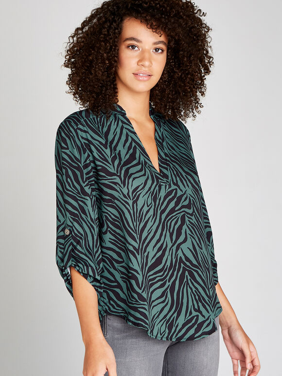 Zebra Print Open Neck Shirt, Green, large