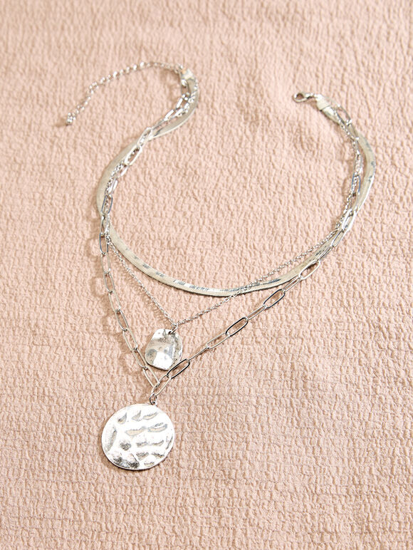 Silver Tone Layered Pendant Necklace, Silver, large
