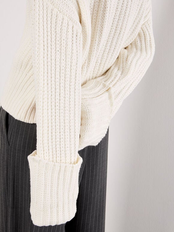 Chunky Knit Roll Neck Jumper, Cream, large