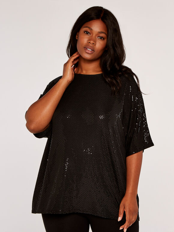 Curve Mini Sequin Batwing Top, Black, large