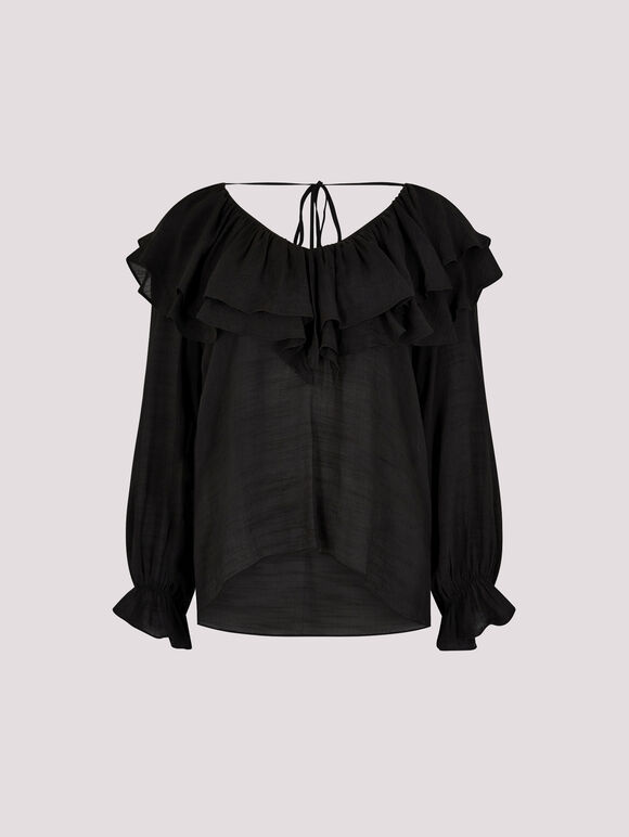Ruffle Collar Blouse, Black, large
