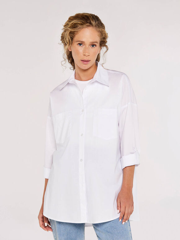 Poplin Side Split Shirt, White, large