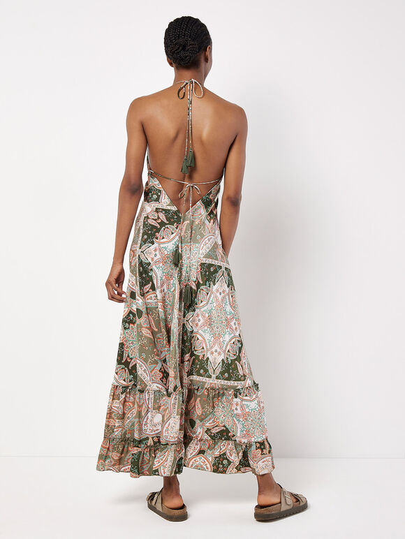 Satin Scarf Print Maxi Dress, Khaki, large