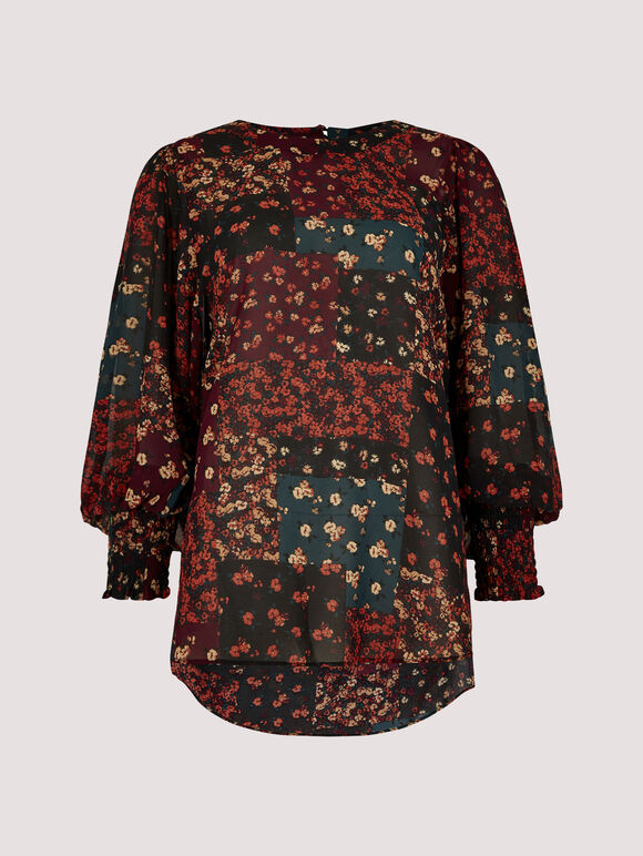 Patchwork Ditsy Floral Top, Black, large