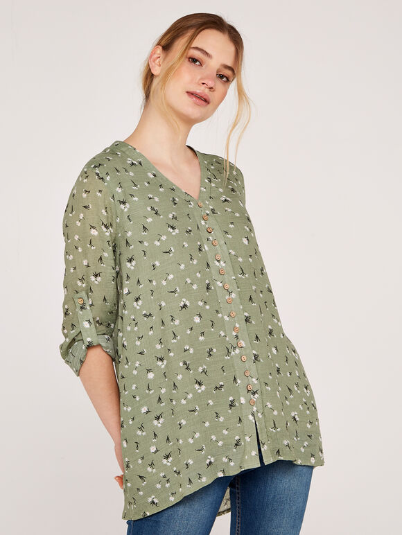 Daisy Print Button Top, Green, large