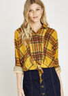 Yellow Plaid Knot Front Shirt, Mustard, large