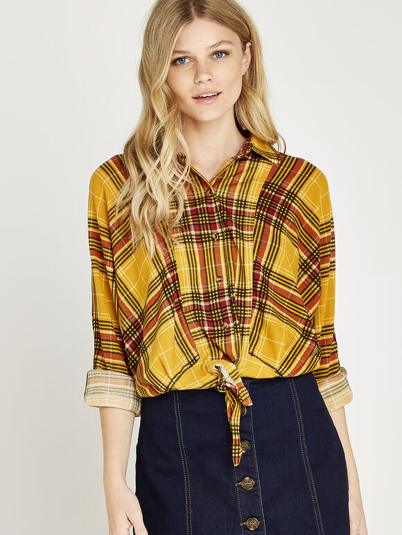 Yellow Plaid Knot Front Shirt, Mustard, large