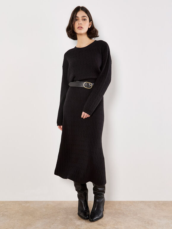 Fine Knit Cable Midi Skirt, Black, large