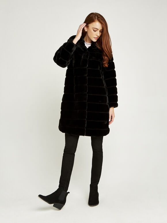 Tiered Fur Hooded Low Coat, Black, large