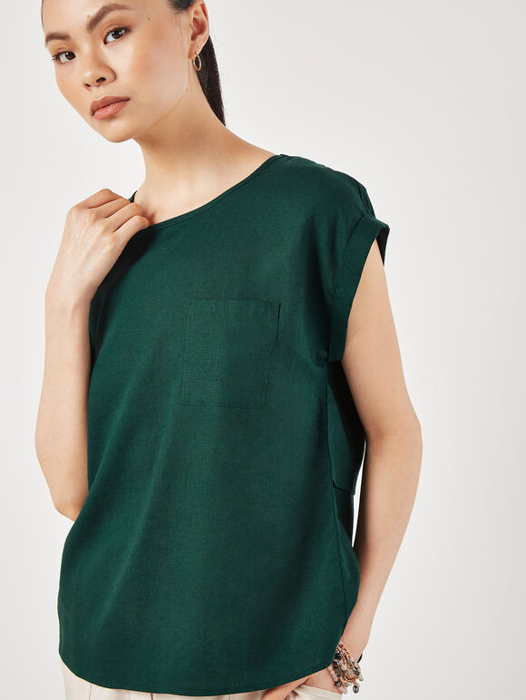 Linen Blend Split Back Oversized Top, Green, large