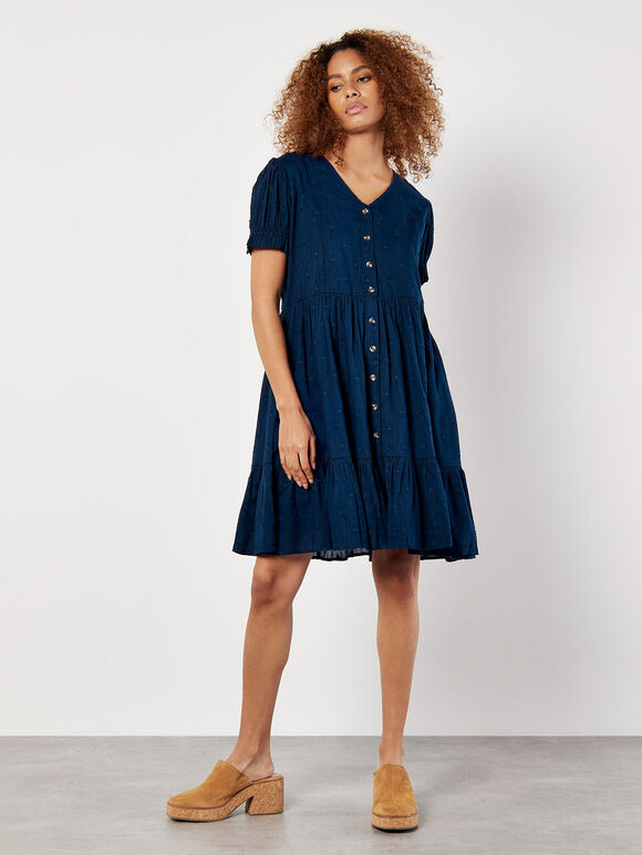 Cotton Blend Dobby Mini Dress, Navy, large