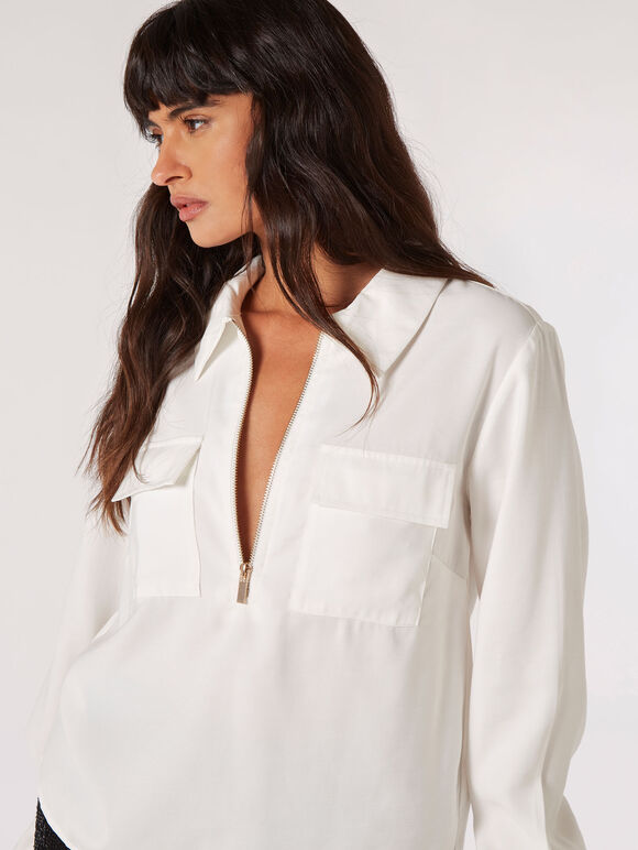 Soft Twill Zip Blouse, White, large