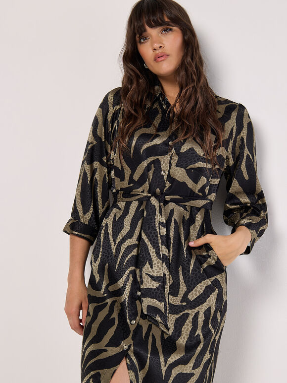 Textured Satin Zebra Midi Dress, Khaki, large