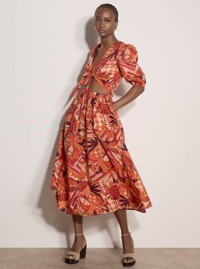 Tropical Leaf Patchwork Midi Skirt