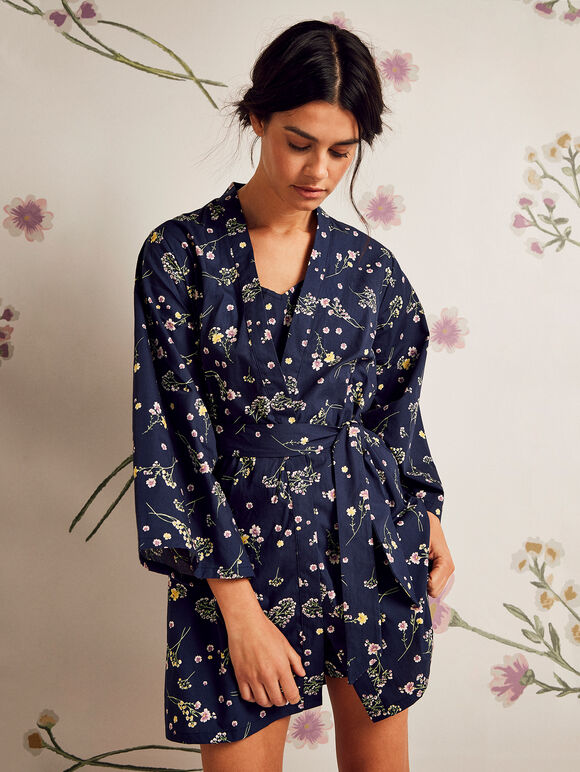 Botanical Print Tie Waist Kimono, Navy, large
