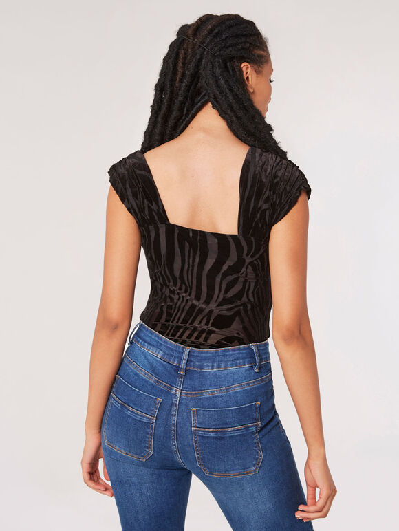 Zebra Ruched Shoulder Bodysuit, Black, large