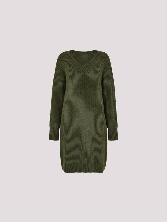 Ribbed Knit Jumper Mini Dress, Green, large