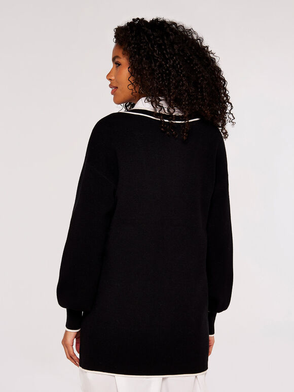 Contrast Trim Gold Button Cardigan, Black, large