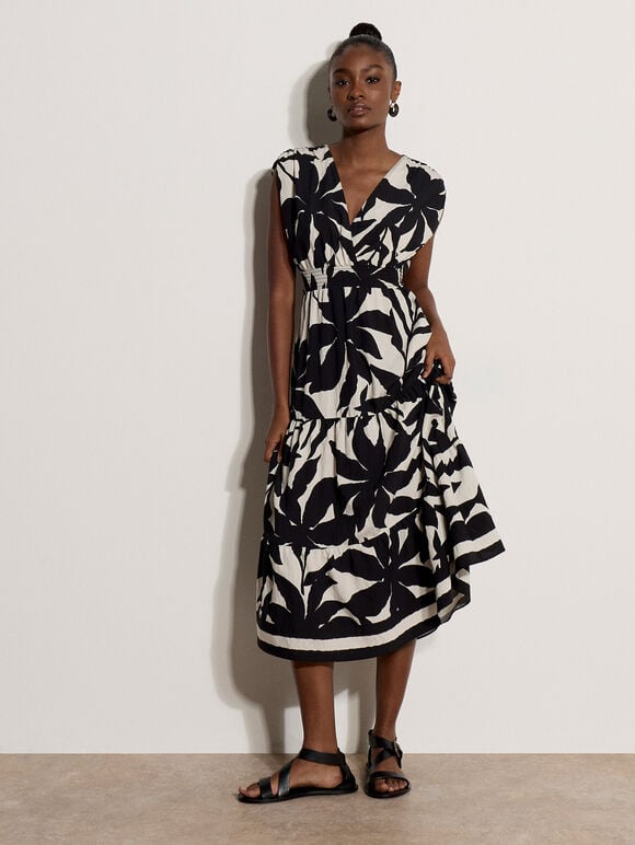 Floral Silhouette Tiered Midi Dress, Black, large