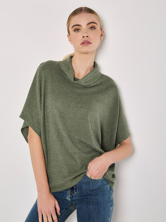 Roll Neck Ribbed Cape, Khaki, large