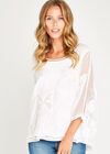 Cream Butterfly Embroidered Mesh Top, Cream, large