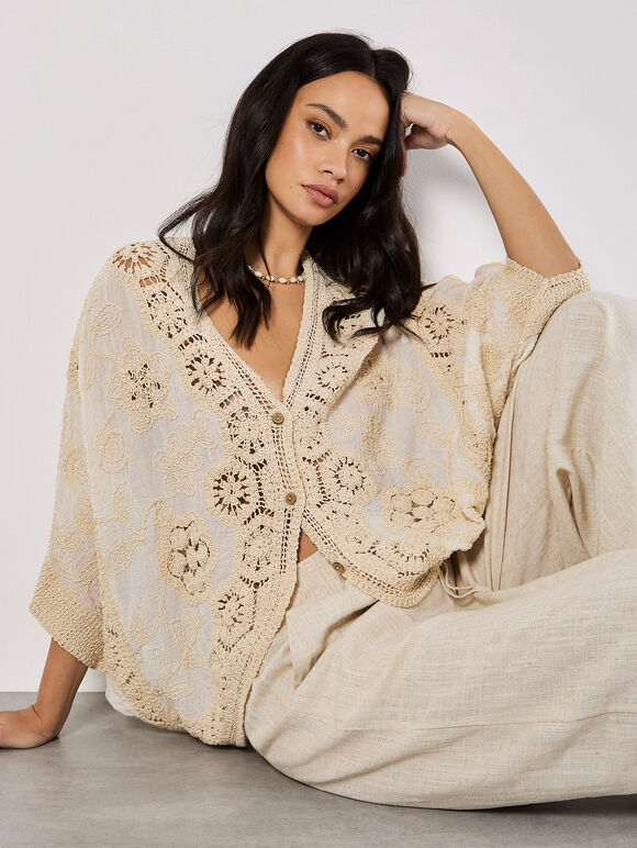 Oversized Crochet Embroidered Mesh Cardigan, Stone, large