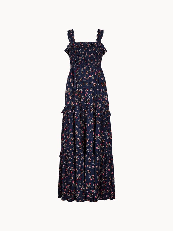 Ditsy Floral Smocked Maxi Dress, Navy, large