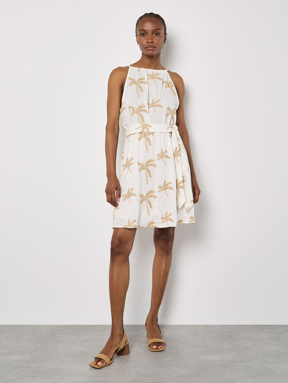 Embroidered Palms Minii Dress, Cream, large