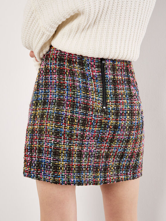 Multicoloured Tweed Mini Skirt, Black, large