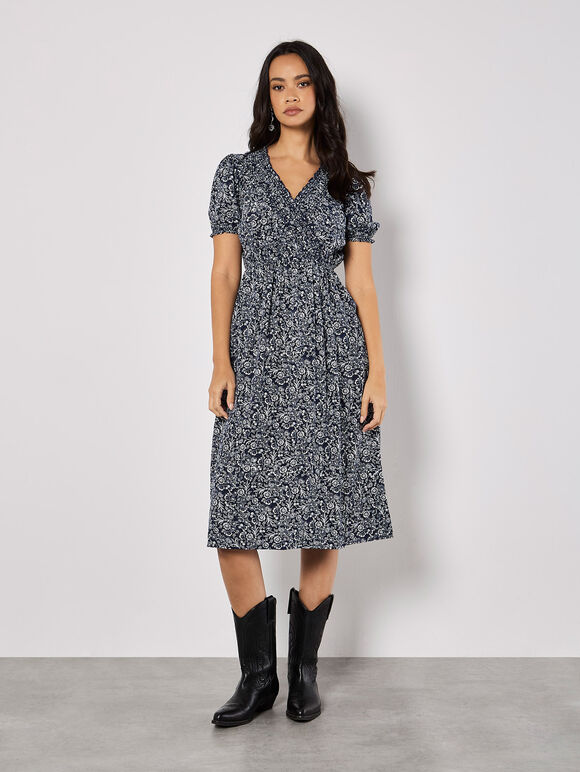 Floral Fruit Wrap Midi Dress, Navy, large