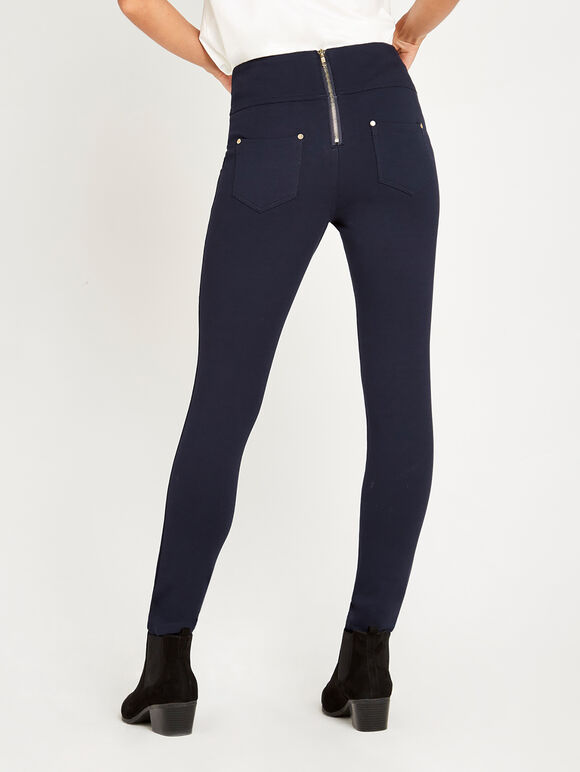 Zip Detail Ponte Trousers, Navy, large