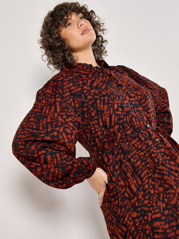 Curve Abstract Texture Shirt Midi Dress, Burgundy, large