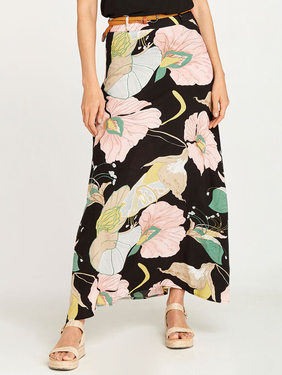 Pond Abstract Floral Maxi Skirt, Black, large